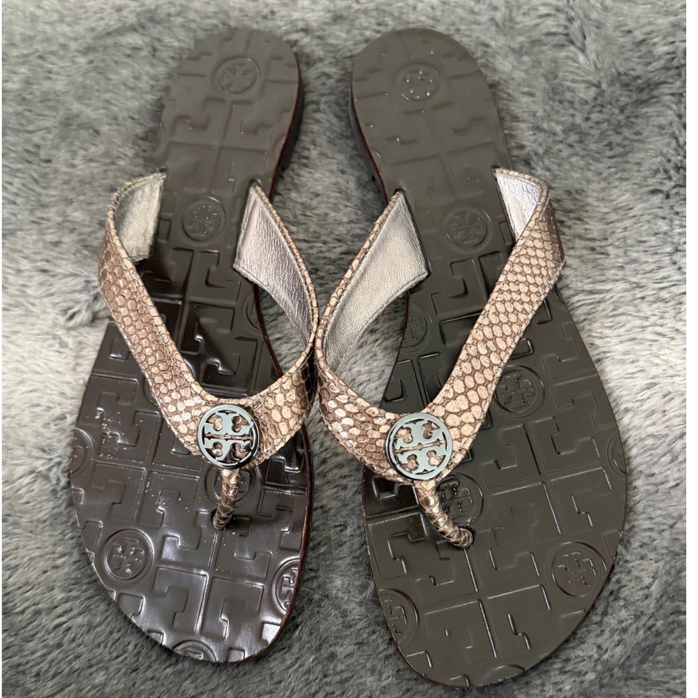 Tory Burch Miller Flip Flop Sandals Brown Metallic Snakeskin Logo Thong Flats 6